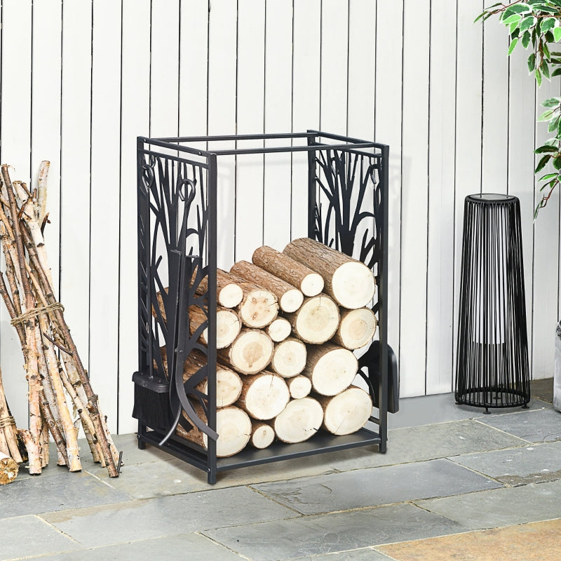 Heavy Duty Firewood Log Rack Fireplace Storagew/ 4 Tools, Black