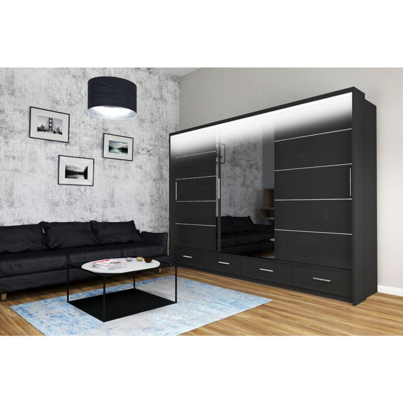 Mendeley Large High Gloss Sliding Wardrobe - Black, White, Grey