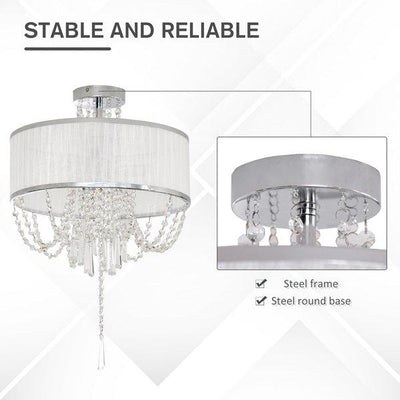 Metal Ceiling Light With Crystal Pendant Fabric Shade For Home Office - White