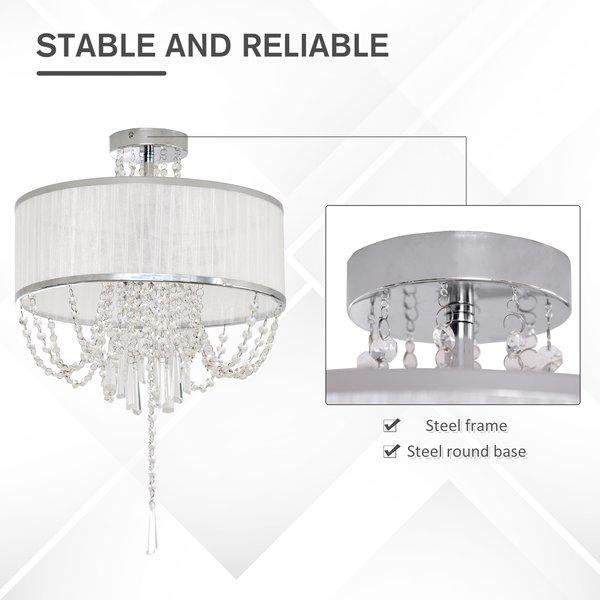 Metal Ceiling Light With Crystal Pendant Fabric Shade For Home Office - White