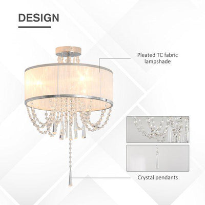 Metal Ceiling Light With Crystal Pendant Fabric Shade For Home Office - White