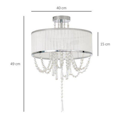 Metal Ceiling Light With Crystal Pendant Fabric Shade For Home Office - White