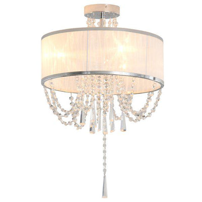 Metal Ceiling Light With Crystal Pendant Fabric Shade For Home Office - White