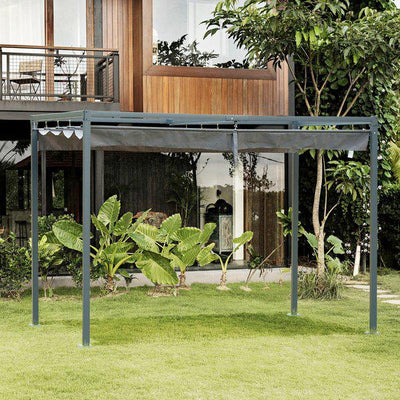 Metal Pergola Gazebo Patio Sun Shelter Shade W/ Retractable Canopy - Grey