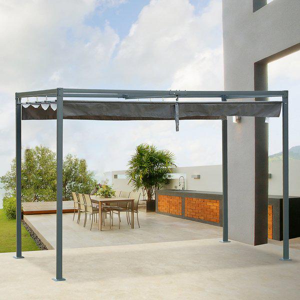 Metal Pergola Gazebo Patio Sun Shelter Shade W/ Retractable Canopy - Grey