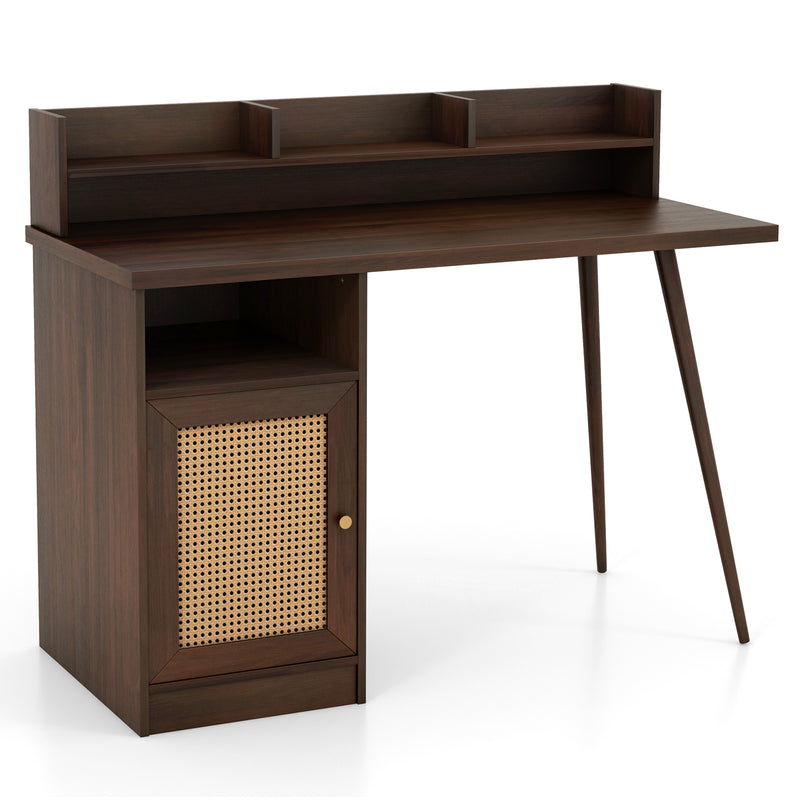 Mid Century Computer Desk with Hutch, PE Rattan Cabinet and Shelves-Walnut