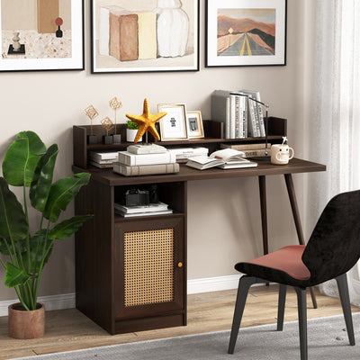 Mid Century Computer Desk with Hutch, PE Rattan Cabinet and Shelves-Walnut