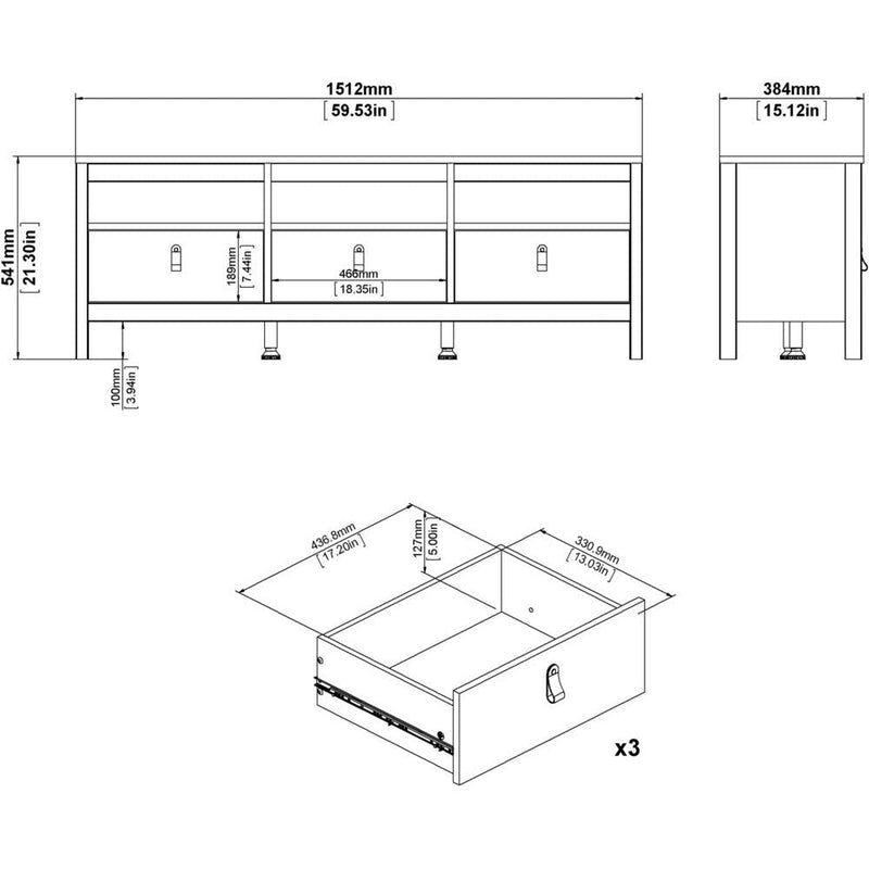 Milan 3 Drawer Matt Black TV Unit