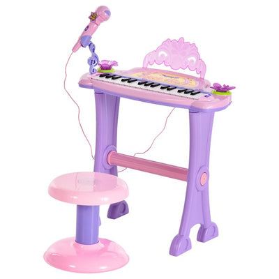 Mini Electronic Organ Piano W/Microphone And Stool - Purple/Pink