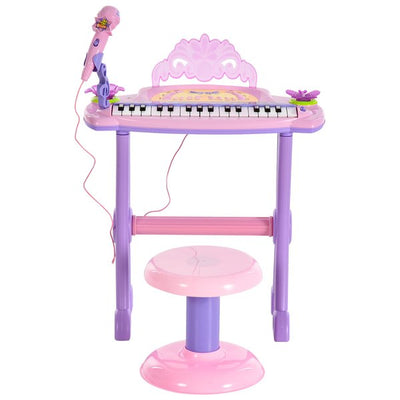 Mini Electronic Organ Piano W/Microphone And Stool - Purple/Pink