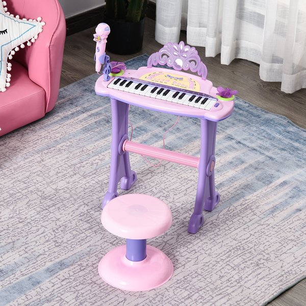 Mini Electronic Organ Piano W/Microphone And Stool - Purple/Pink