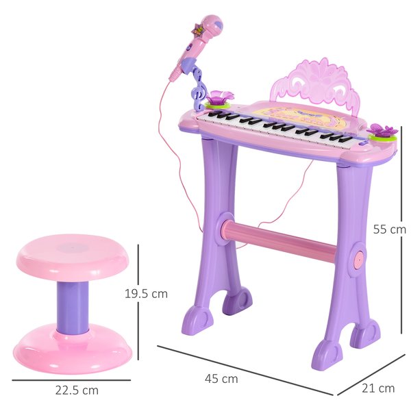 Mini Electronic Organ Piano W/Microphone And Stool - Purple/Pink