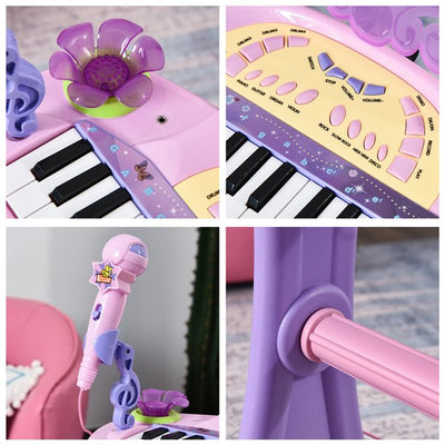 Mini Electronic Organ Piano W/Microphone And Stool - Purple/Pink