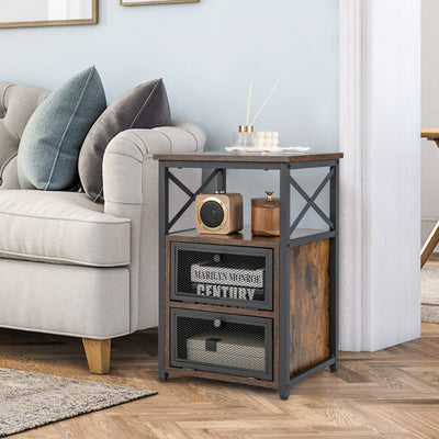 Modern Nightstand Set of 2 with 2 Flip Drawers and Open Shelf-Rustic Brown