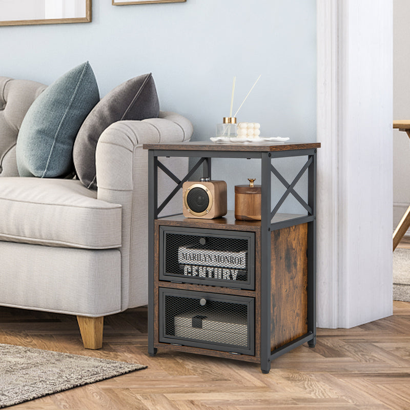 Modern Nightstand Set of 2 with 2 Flip Drawers and Open Shelf-Rustic Brown