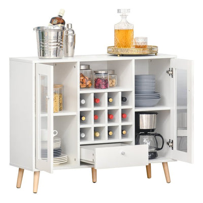 Modern Sideboard Cabinet Kitchen Cupboard With Glass Doors, Drawer And Wine Rack