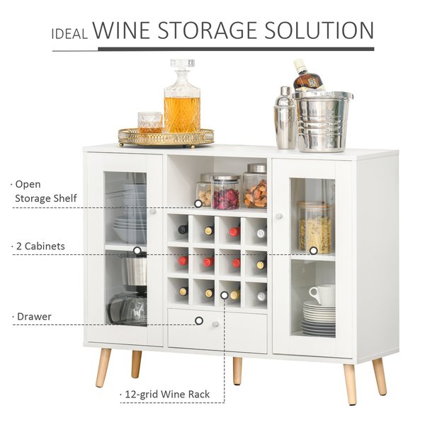 Modern Sideboard Cabinet Kitchen Cupboard With Glass Doors, Drawer And Wine Rack