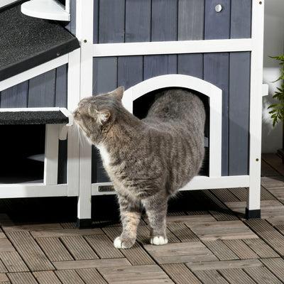 Casa para gatos de madera para exteriores PawHut con maceta, ventanas, varias entradas y techo resistente al agua, color gris