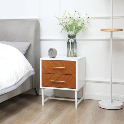 BORO Bedside Table with 2 Drawers and Metal Frame, Sofa Side Table, White and Brown