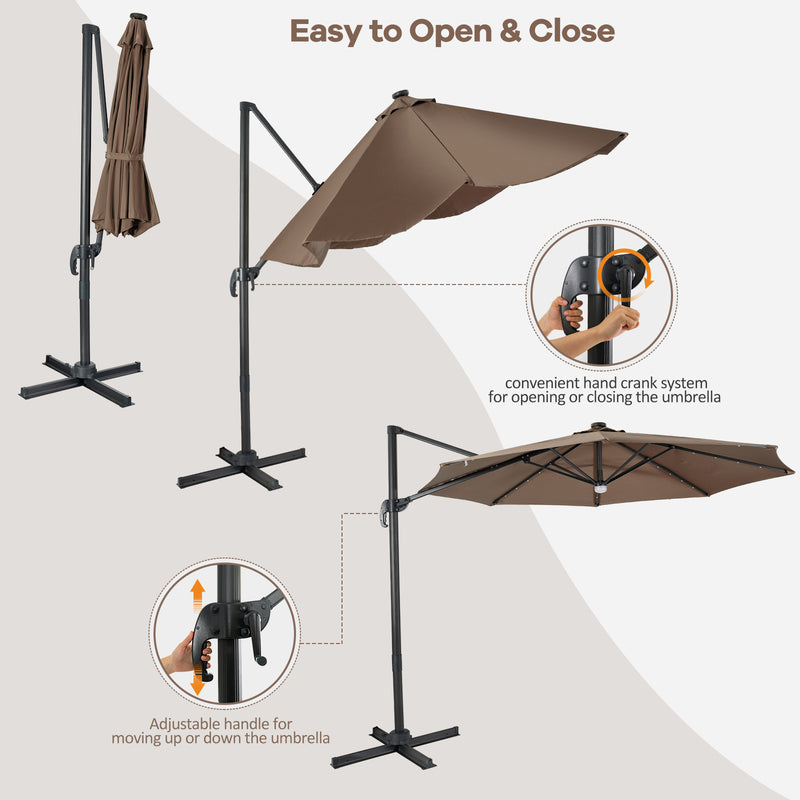 10 Feet Cantilever Solar Umbrella 28LED Lighted Patio Offset Tilt 360° for Outdoor-Brown