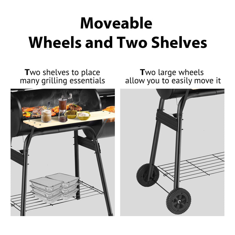 Charcoal BBQ Grill with Wheels and Shelves for Camping Picnic Party