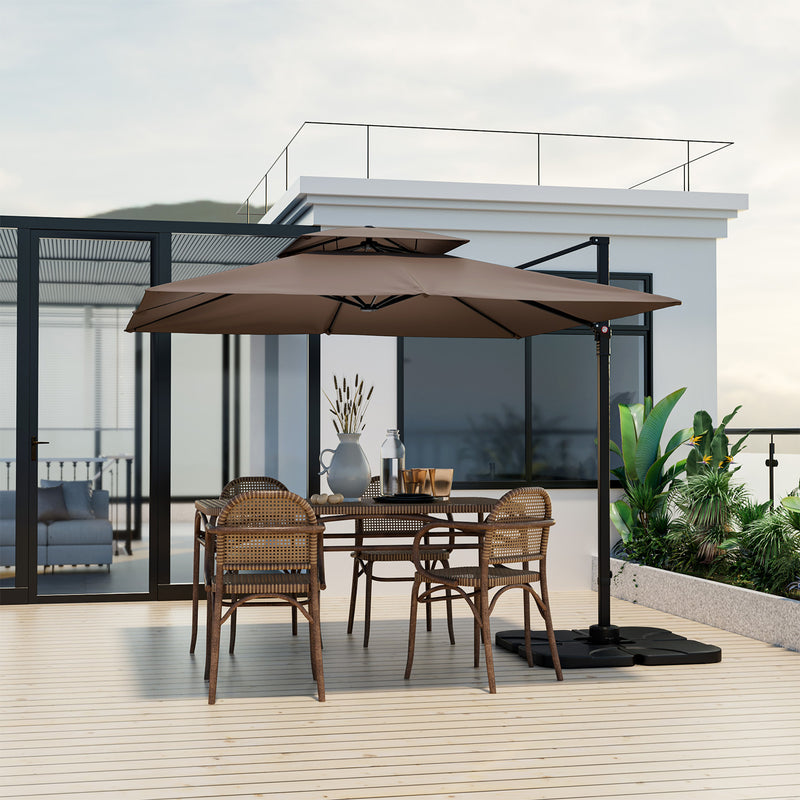 3M Square Cantilever Garden Parasol with 360° Rotation and Double Top-Coffee