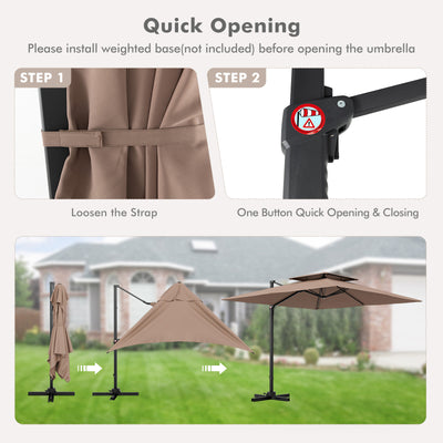 3M Square Cantilever Garden Parasol with 360° Rotation and Double Top-Coffee