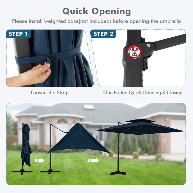 3M Square Cantilever Garden Parasol with 360° Rotation and Double Top-Navy