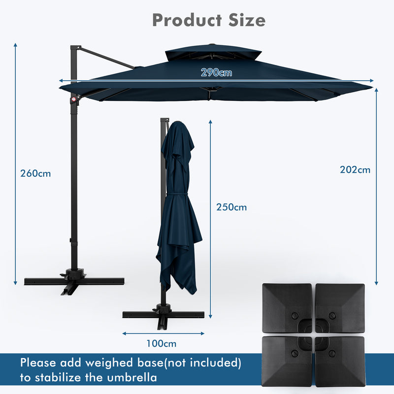 3M Square Cantilever Garden Parasol with 360° Rotation and Double Top-Navy