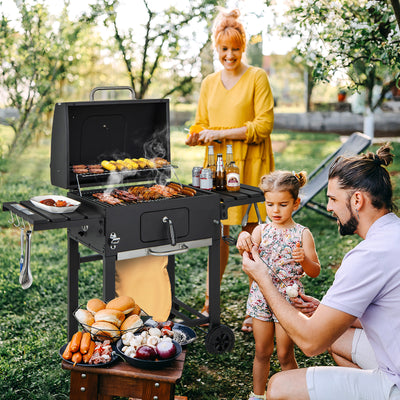 Parrilla de carbón para barbacoa con mesas laterales plegables, ganchos y ruedas