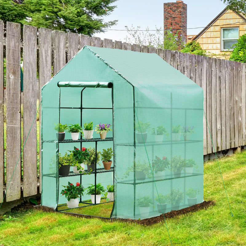 Outsunny Walk in Garden Greenhouse with Shelves Polytunnel Steeple Green house Grow House Removable Cover 143x143x195cm, Green