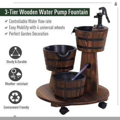 Patio Wooden Water Fountain 3 Barrels Set With Wheels