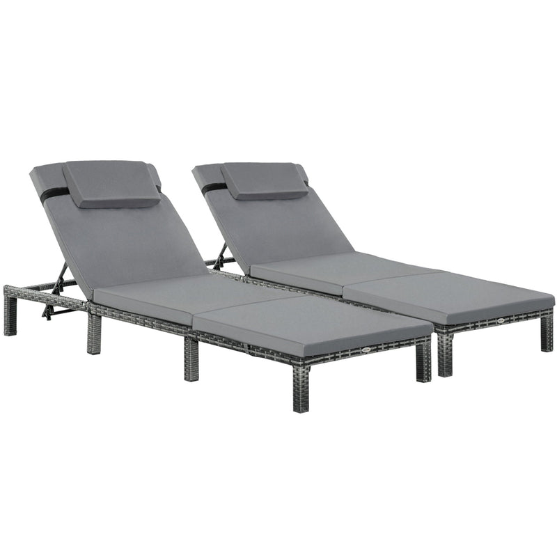 Outsunny 2 Pieces Outdoor PE Rattan Sun Loungers set of 2 with Cushion, Garden Wicker Sunbed Furniture with 5-Level Recliner Backrest, Grey