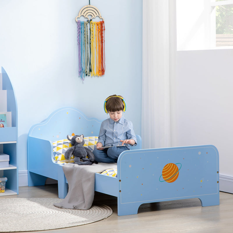 ZONEKIZ Toddler Bed Kids Bedroom Furniture with Rocket & Plants Patterns Safety Side Rails Slats, Blue