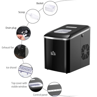 Ice Maker Countertop Portable Bullet Ice Cube Machine 12kg/24H Production Automatic Cleaning Visible Window Scoop and Basket Black by HOMCOM