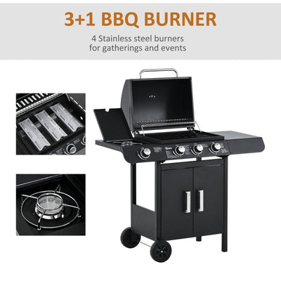 Gas Burner Barbecue Grill 3+1 Garden BBQ Trolley