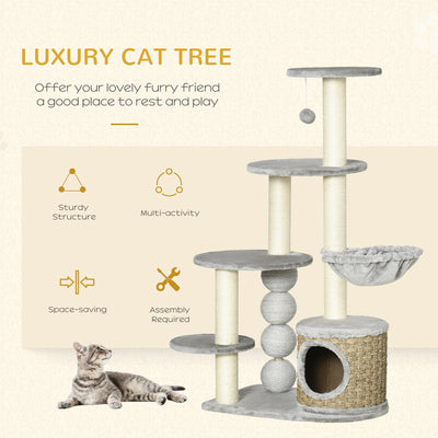 PawHut Cat Tree, 115cm Cat Climbing Tower, kitten Activity Centre with Fluffy House and Hammock, Jute Scratching Post and Hanging Ball, Light Grey