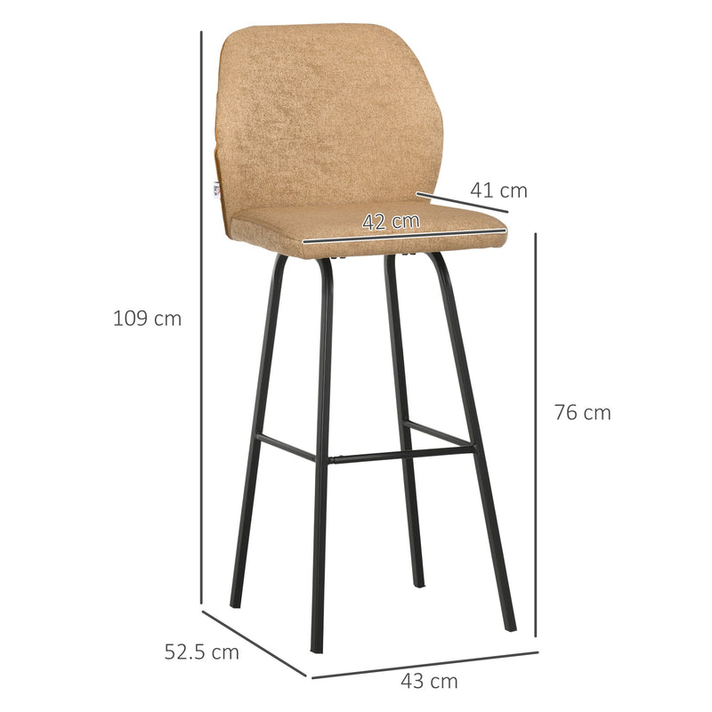 HOMCOM Bar Stools Set of 2, Linen-Touch Upholstered Bar Chairs, Kitchen Stools with Backs and Steel Legs, Light Brown