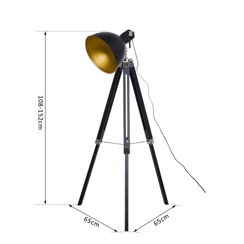 HOMCOM Industrial Floor Lamp for Living Room Tripod Spotlight Reading Lamp w/Wood Legs Metal Shade Adjustable Height Angle Black and Gold