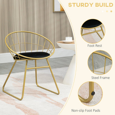 HOMCOM Modern Dining Chairs Set of 2, Metal Wire Kitchen Chair with Velvet-feel Cushion, Round Back and Steel Frame for Living Room, Bedroom, Gold