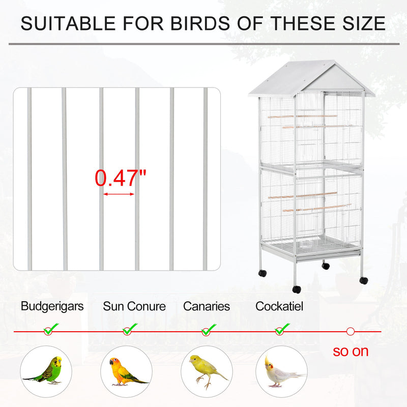 PawHut 170cm Metal Bird Cage Parrot Cage Mobile Feeder with Rolling Stand Perches Food Containers Doors Wheels White