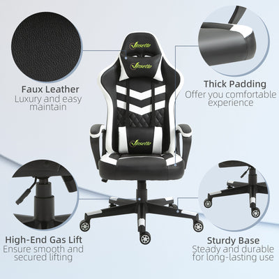 Vinsetto Racing Gaming Chair with Lumbar Support, Headrest, Swivel Wheel, PVC Leather Gamer Desk Chair for Home Office, Black White