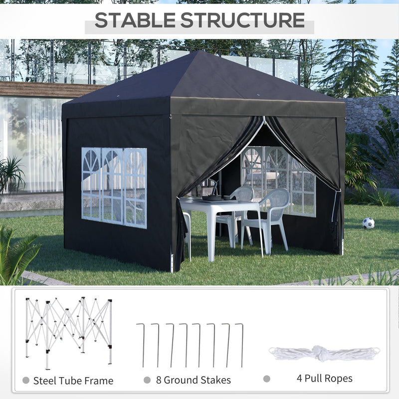 Outsunny 3 x 3 Meters Pop Up Water Resistant Gazebo Wedding Camping Party Tent Canopy Marquee with Carry Bag and 2 Windows, Black