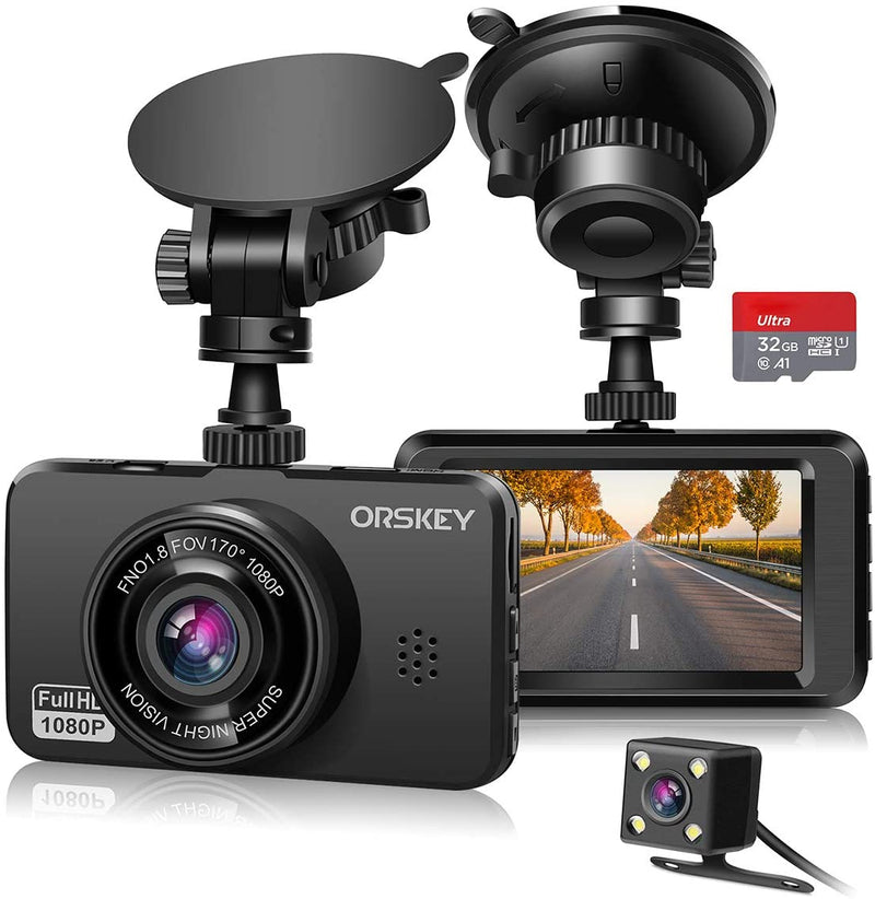 ORSKEY Dash Cam for Cars Front and Rear 1080P Full HD In Car Camera Dual Lens Dashcam 170 Wide Angle Sony Sensor, Loop Recording with SD Card