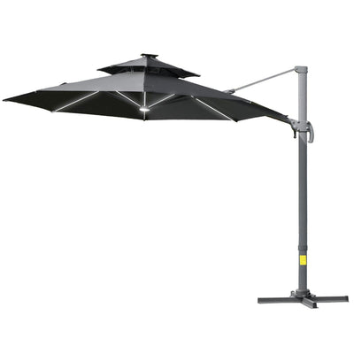 3m Cantilever Parasol W/ Solar Lights Power Bank Base 360° Spin Dark Grey