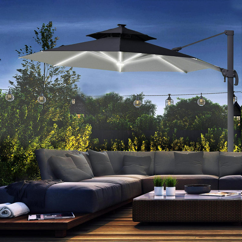 3m Cantilever Parasol W/ Solar Lights Power Bank Base 360° Spin Dark Grey