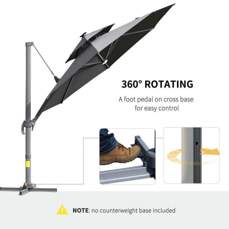 3m Cantilever Parasol W/ Solar Lights Power Bank Base 360° Spin Dark Grey