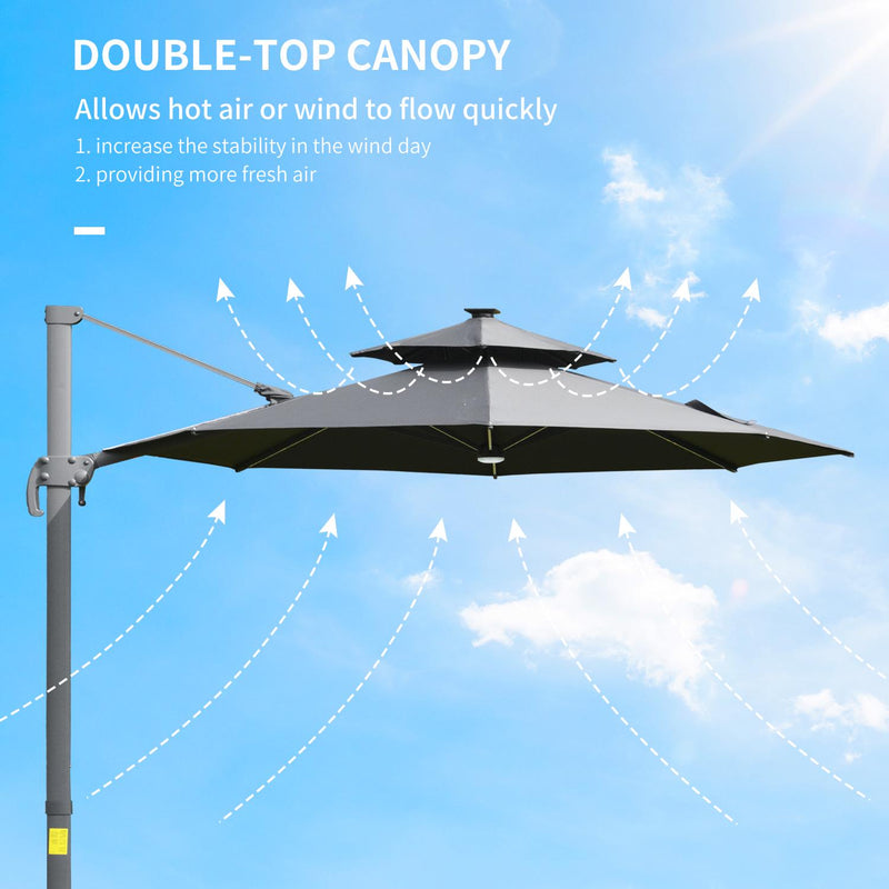 3m Cantilever Parasol W/ Solar Lights Power Bank Base 360° Spin Dark Grey