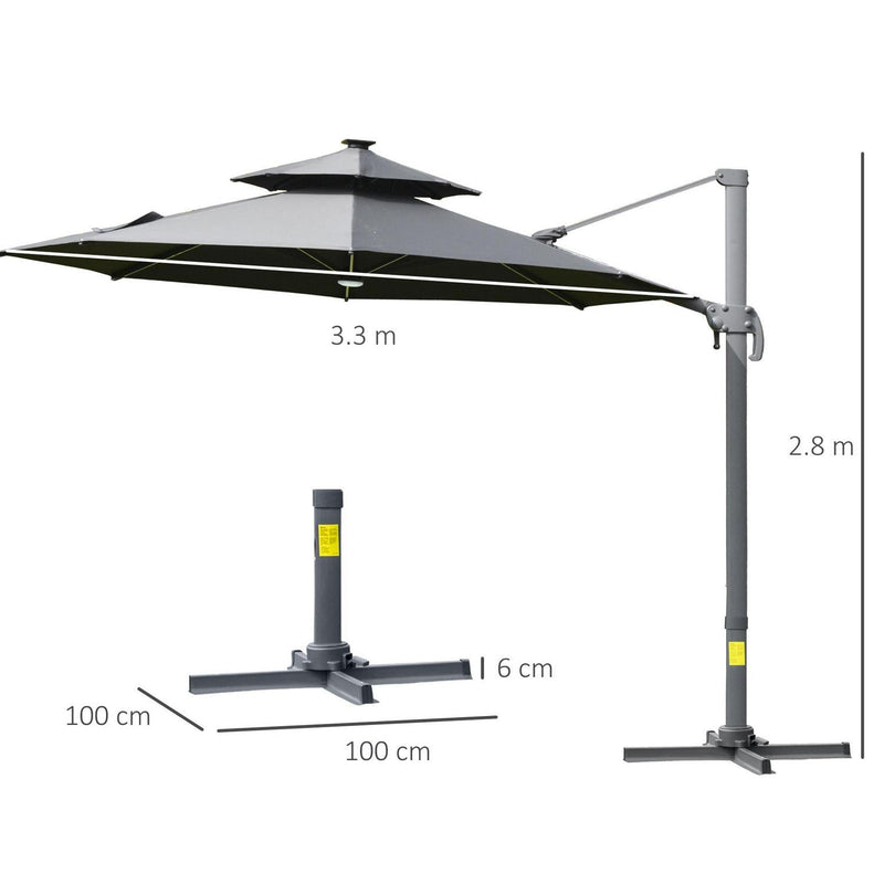 3m Cantilever Parasol W/ Solar Lights Power Bank Base 360° Spin Dark Grey