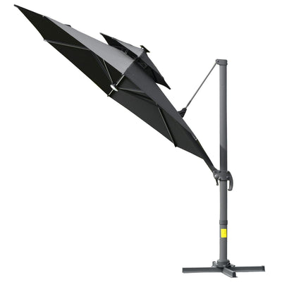 3m Cantilever Parasol W/ Solar Lights Power Bank Base 360° Spin Dark Grey